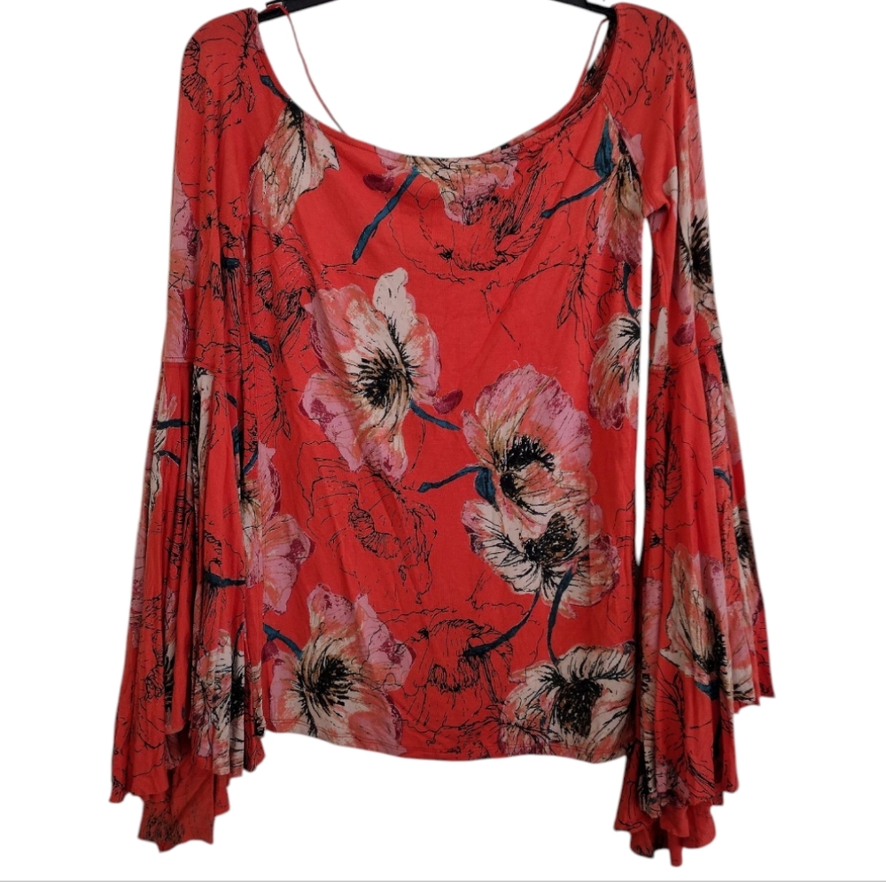We The Free Birds Of Paradise Orange Floral Top Flare Bell Sleeves Size Medium